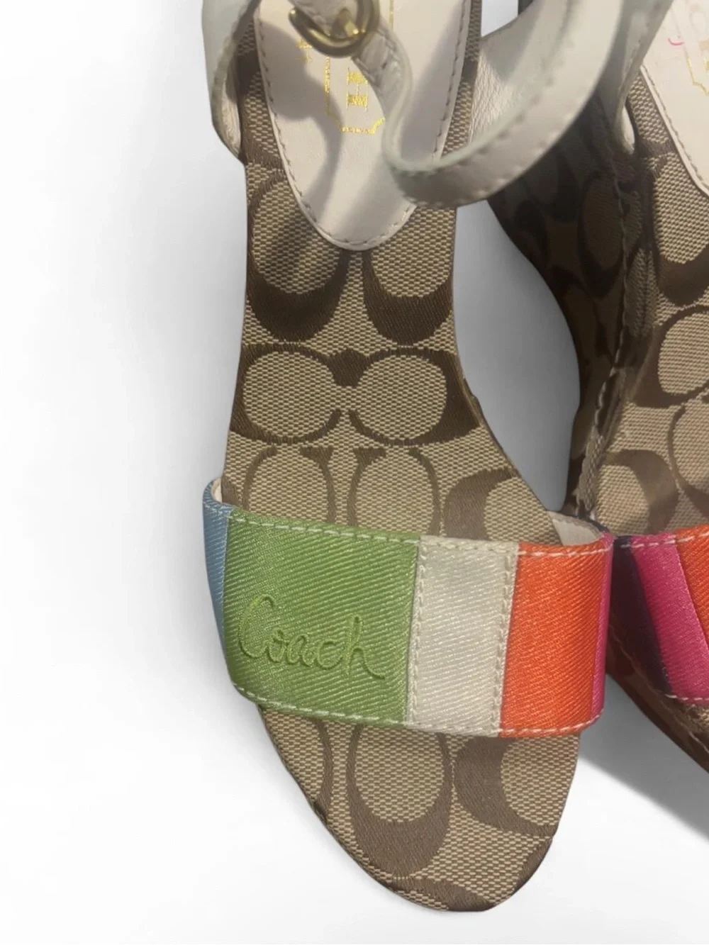 Coach Multicolor Signature Canvas Wedge Sandals - Cream, Brown & Rainbow